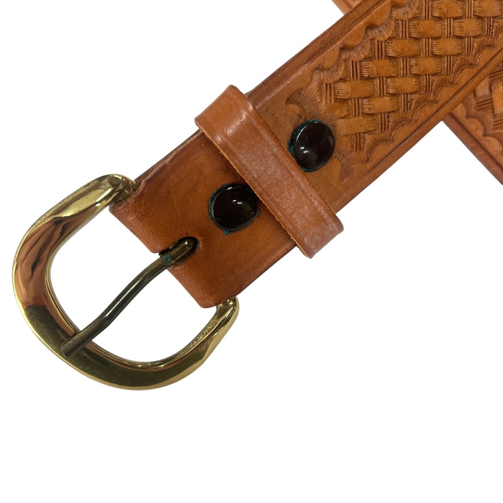 Western Bianchi B8 Basketweave Tooled Leather Belt 36 Brass Buckle Brown Cowboy - Picture 2 of 7